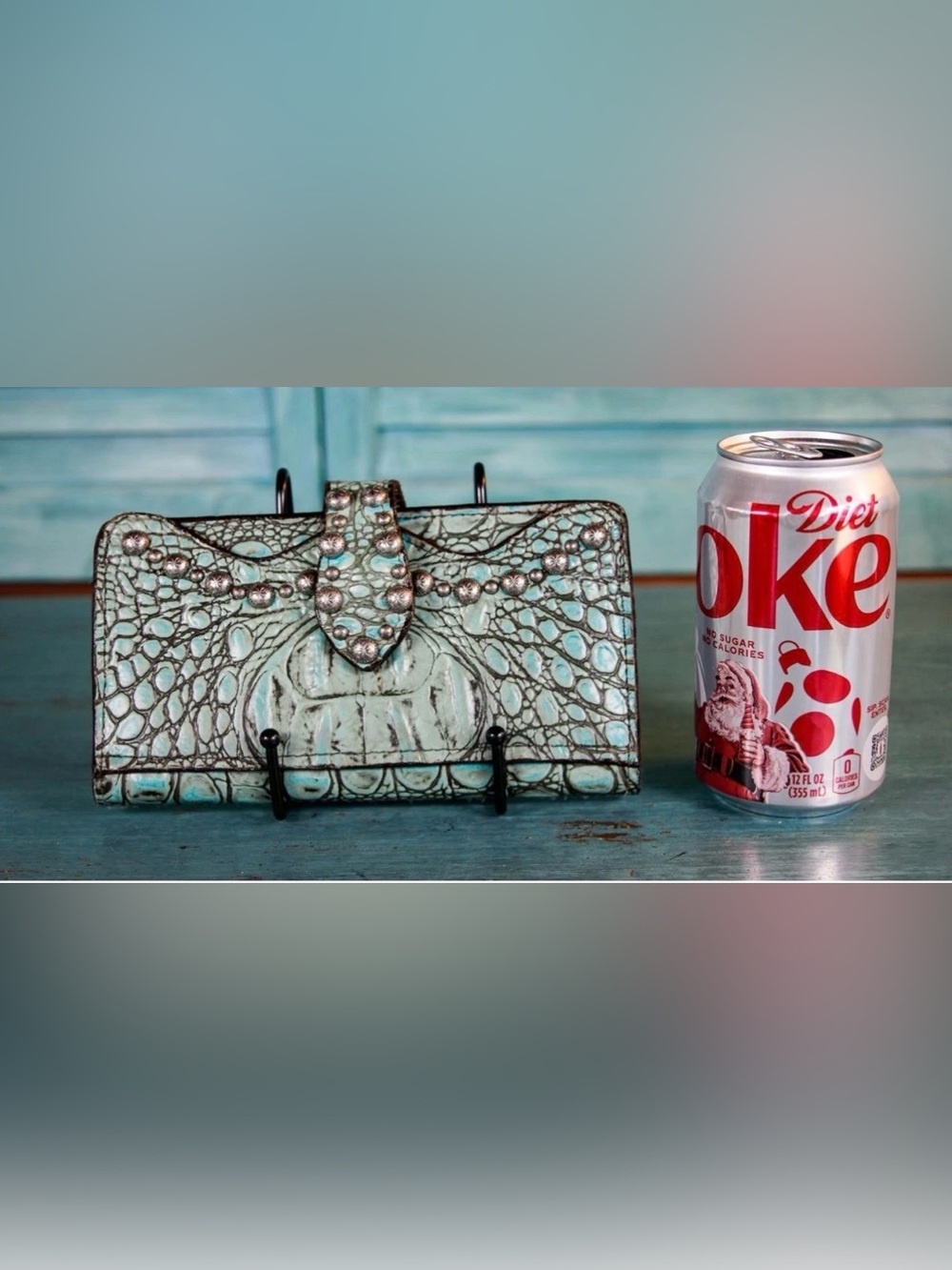 Vintage Double J Saddlery Hand Crafted Turquoise Crocodile Wallet Engraved Studs - Picture 11 of 11